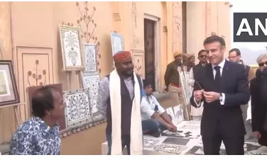 Rajasthan: French President Emmanuel Macron arrives at Amber Fort in Jaipur