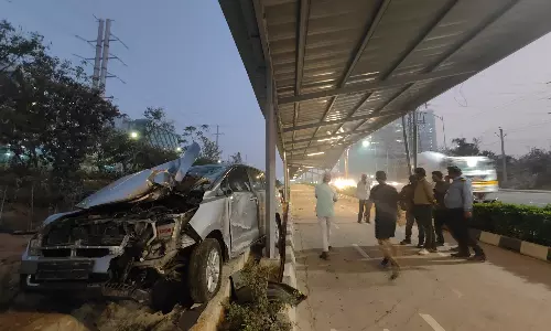 Speeding Car Damages Solar Roof on Hyderabads Outer Ring Road Cycling Track