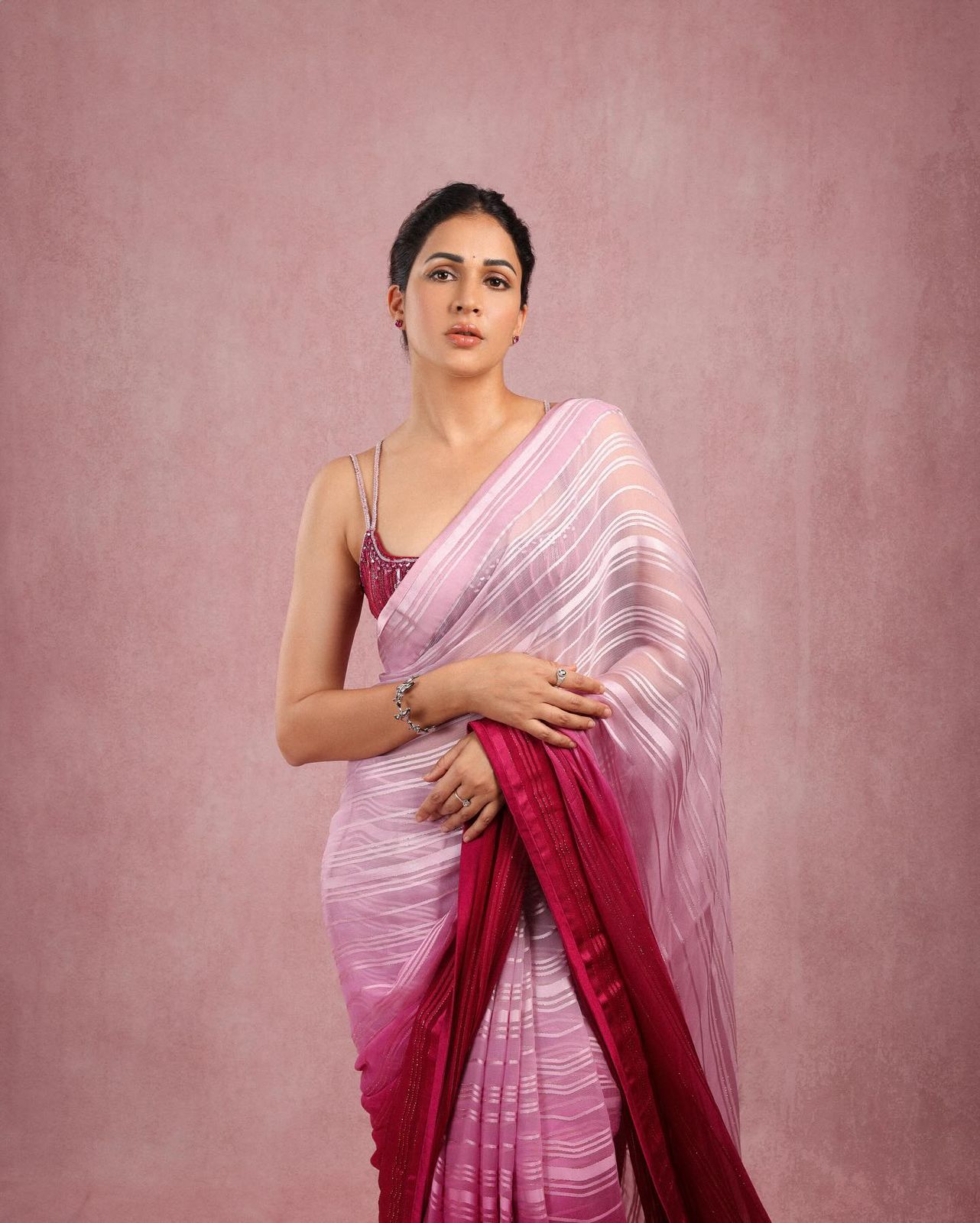 Lovely Lavanya is vivacious in contemporary sari