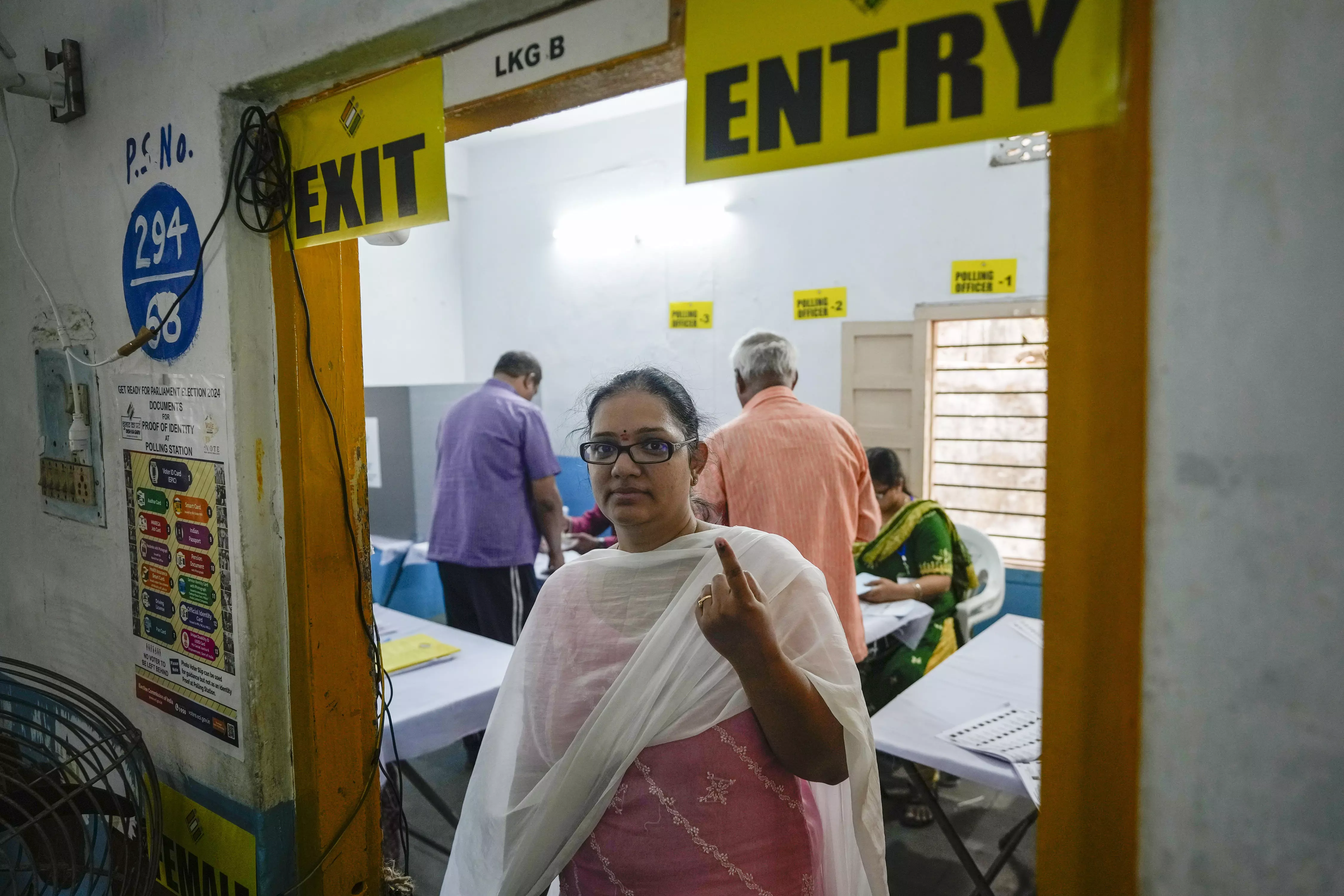 A woman shows the indelible ink mark on her index finger after casting vote in a polling station during the fourth phase of general election in Hyderabad, India, Monday, May 13, 2024. (AP Photo/Mahesh Kumar A.) A woman shows the indelible ink mark on her index finger after casting vote in a polling station during the fourth phase of general election in Hyderabad, India, Monday, May 13, 2024. (AP Photo/Mahesh Kumar A.)