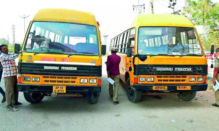 Hyderabad: School Buses Queue Up at RTA for Fitness Test Hyderabad: School Buses Queue Up at RTA for Fitness Test