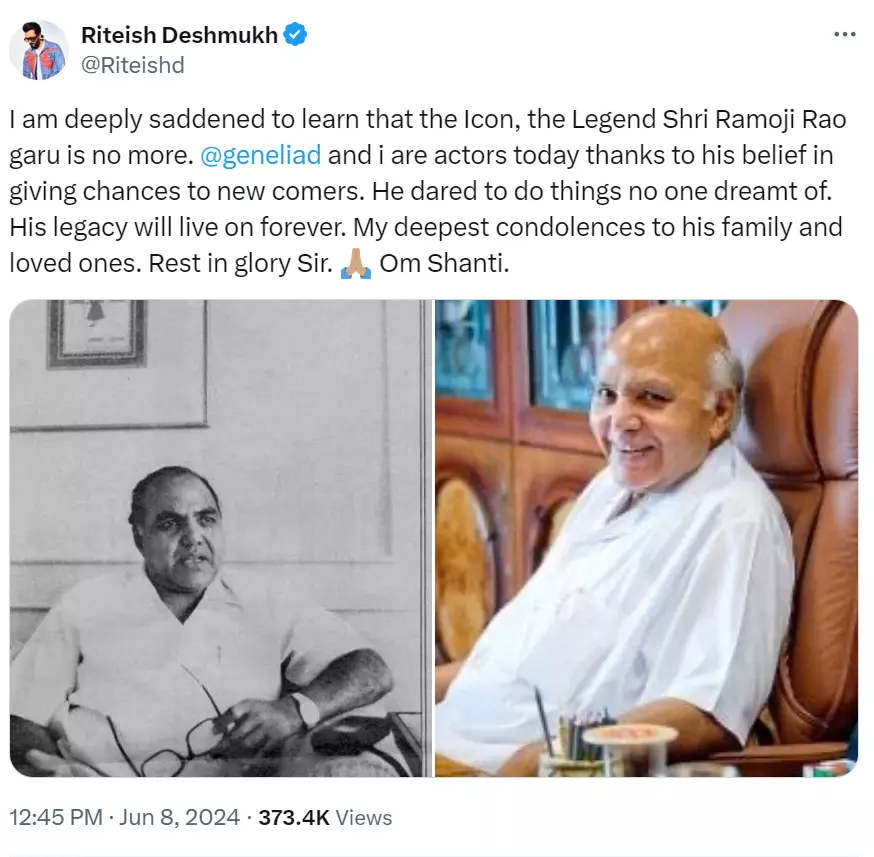 He dared to do things no one dreamt of: Riteish on Ramoji Rao