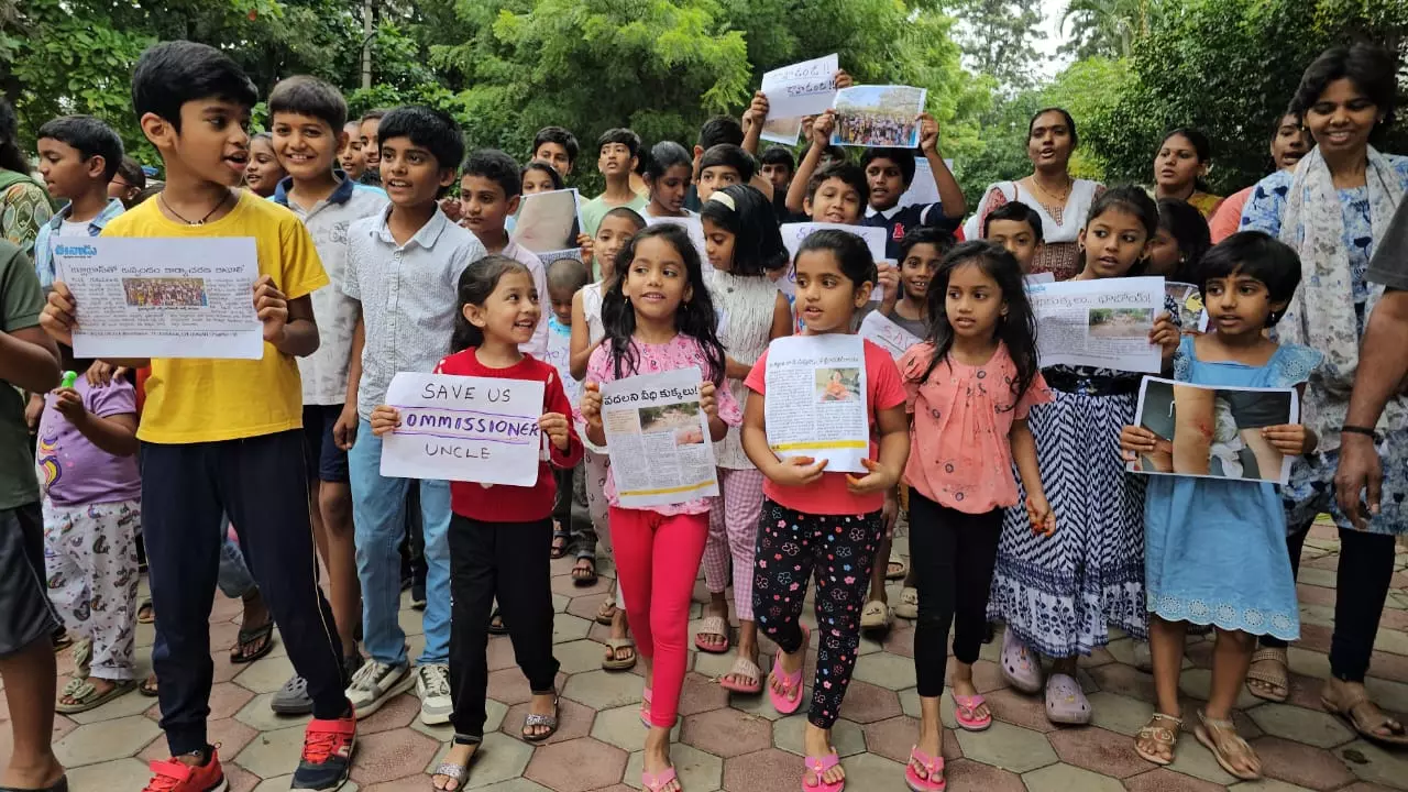 Children Protest in Quthbullapur, Urge Officials to Address Dog Menace Children Protest in Quthbullapur, Urge Officials to Address Dog Menace