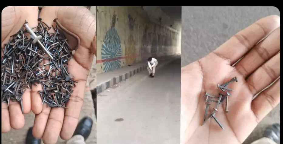 Bengaluru: Kuvempu Circle underpass swamped with metal nails Bengaluru: Kuvempu Circle underpass swamped with metal nails