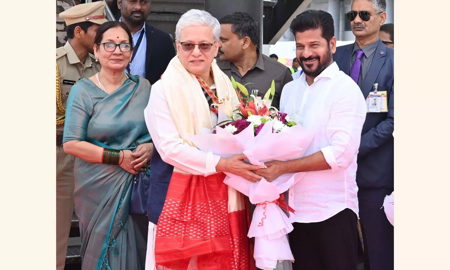 CM Revanth Reddy accords warm reception to newly appointed Governor CM Revanth Reddy accords warm reception to newly appointed Governor