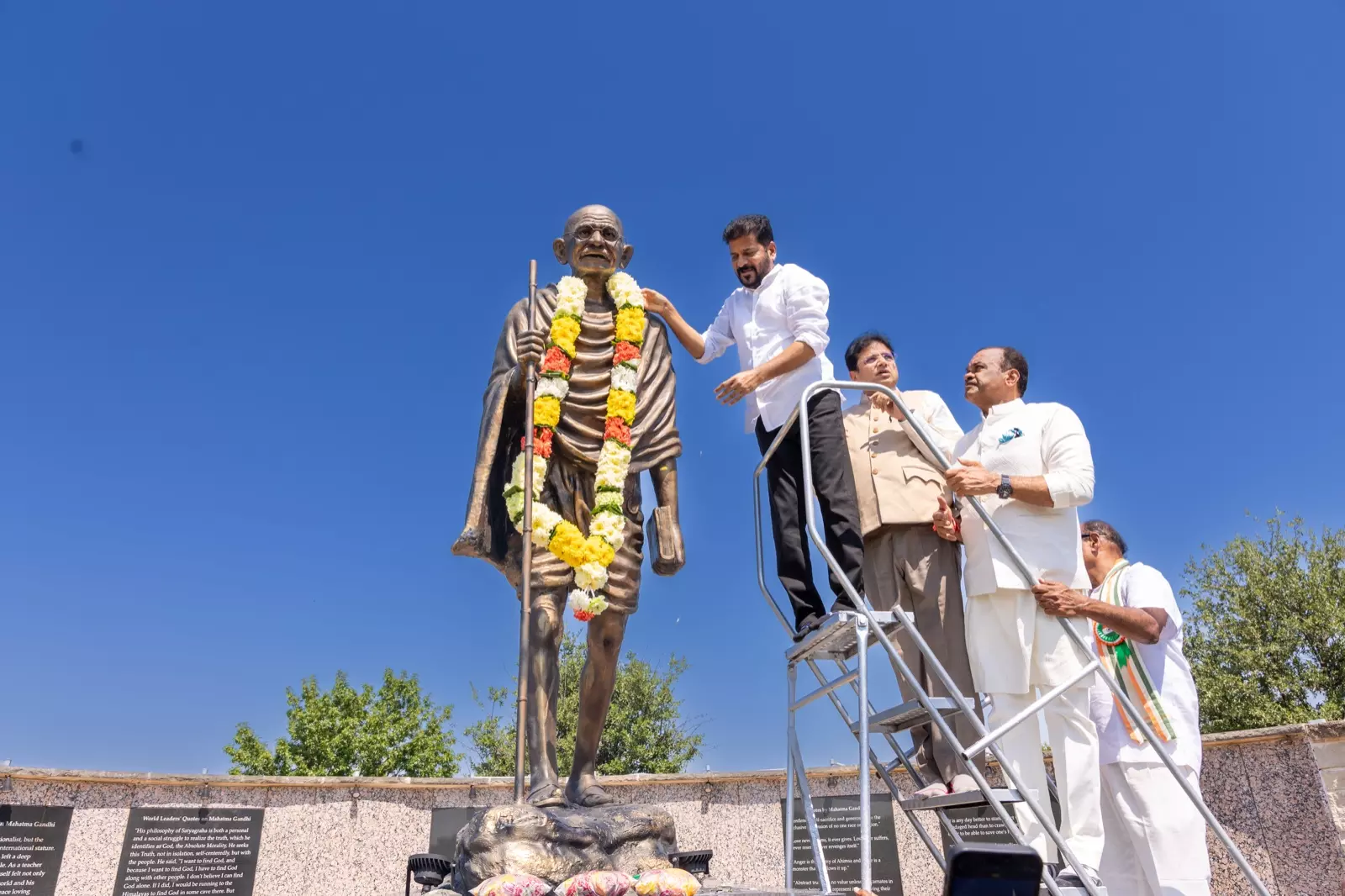CM Revanth Reddy pays homage to Mahatma Gandhi in Dallas