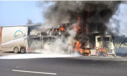 Container Catches Fire at Zaheerabad; Driver Suffers Burns