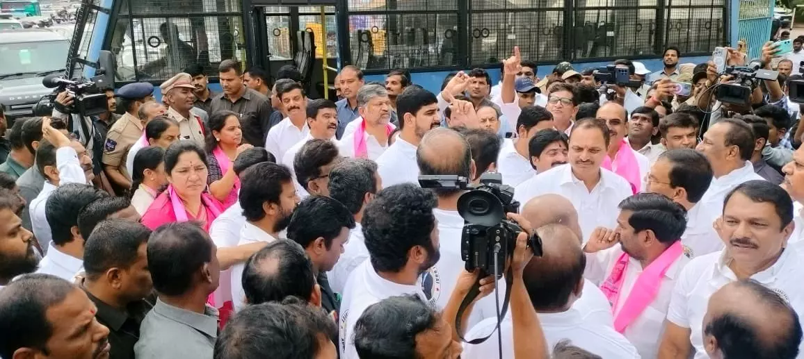 BRS MLAs protest alleged Revanth Reddy-Adani nexus outside Telangana Assembly