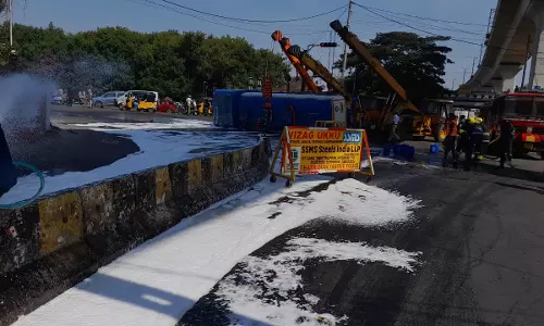 Diesel Tanker Topples on Secunderabad-Mettuguda Road Diesel Tanker Topples on Secunderabad-Mettuguda Road