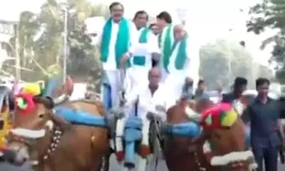 Telangana BJP MLAs reach Assembly on bullock cart