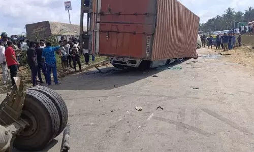 Six killed as container truck overturns on car in Karnataka Six killed as container truck overturns on car in Karnataka