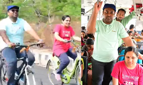 Medak Collector, Wife Ride to Bus Stand on Cycle