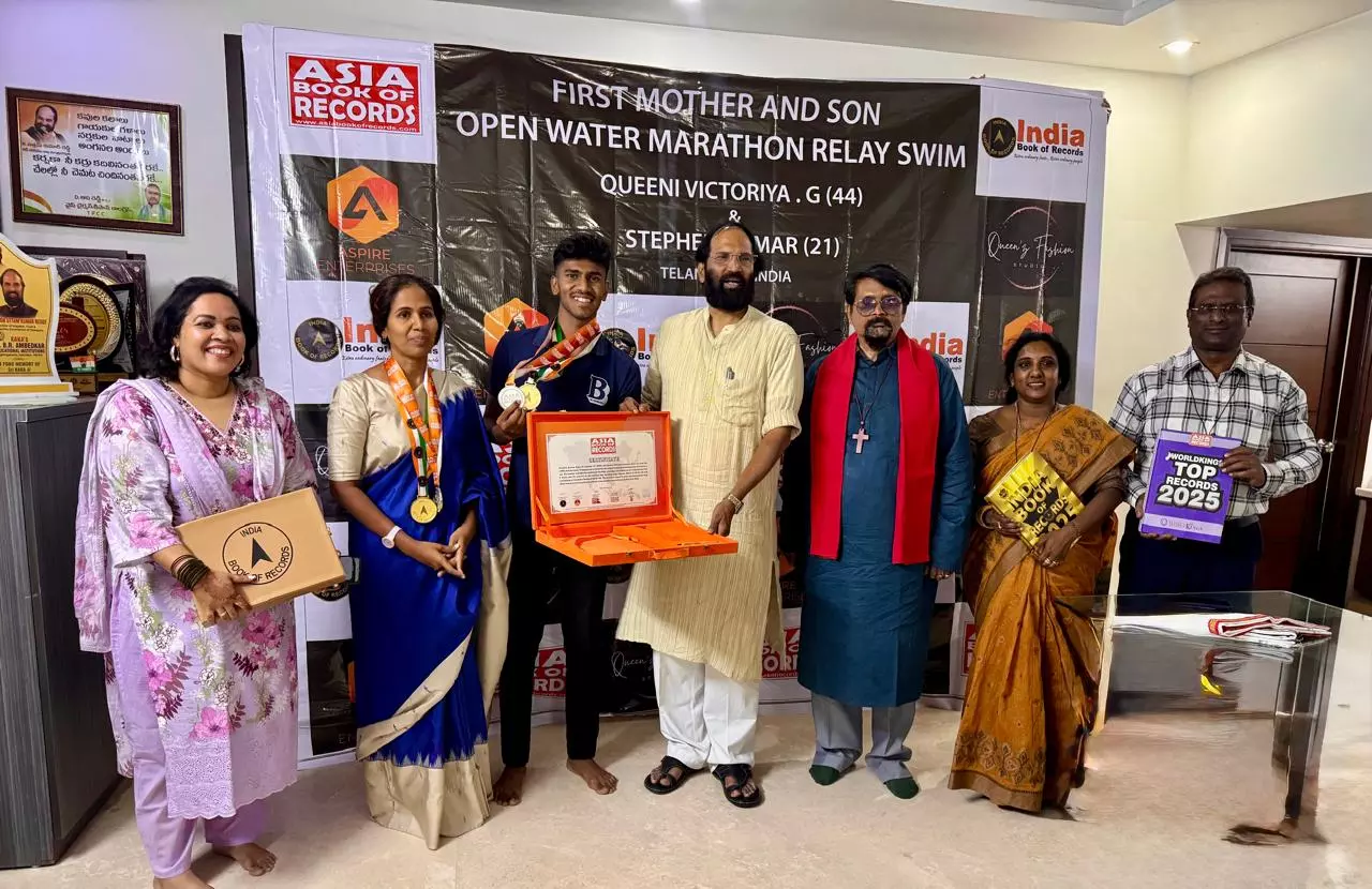 Son-Mother Duo Honored by Telangana Minister for Record-Breaking Ocean Swim Son-Mother Duo Honored by Telangana Minister for Record-Breaking Ocean Swim