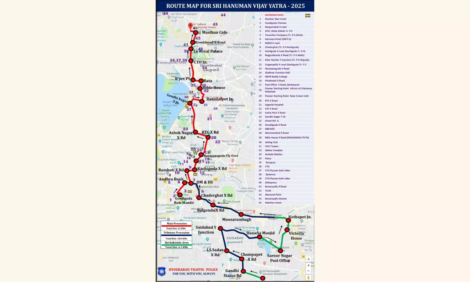 Traffic advisory for Sri Hanuman Jayanti Yatra in Hyderabad on Saturday