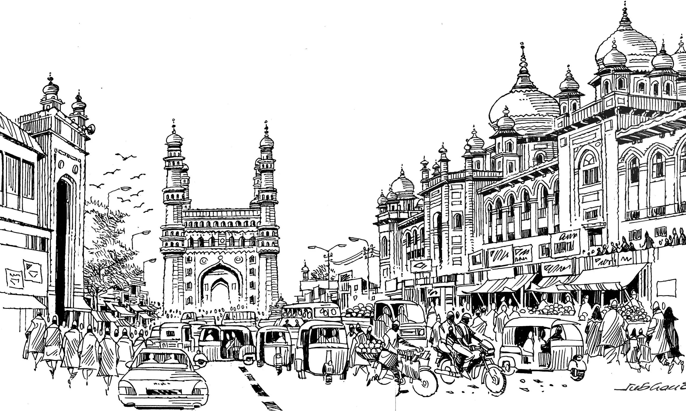 From Charminar to Falaknuma, Hyderabad drawn by hand