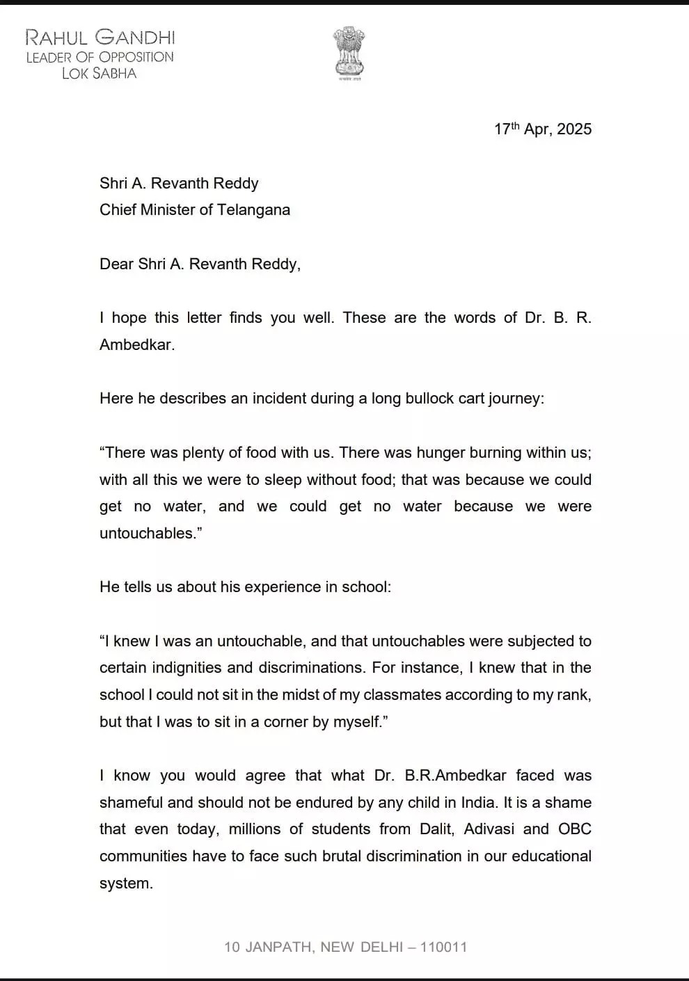 Rahul asks Revanth to get Rohith Vemula law