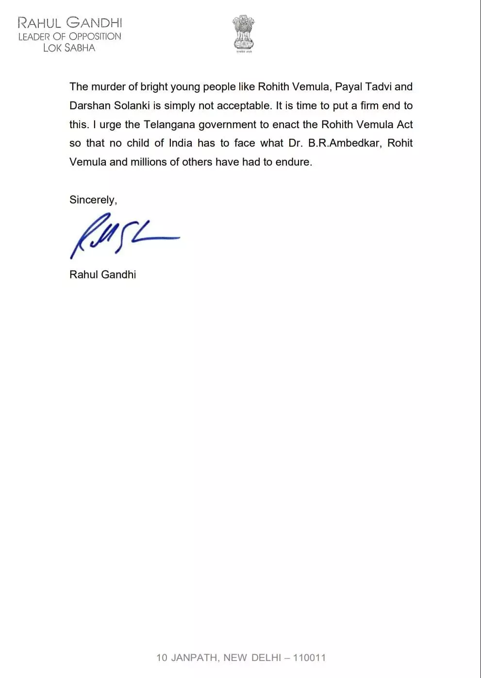 Rahul asks Revanth to get Rohith Vemula law