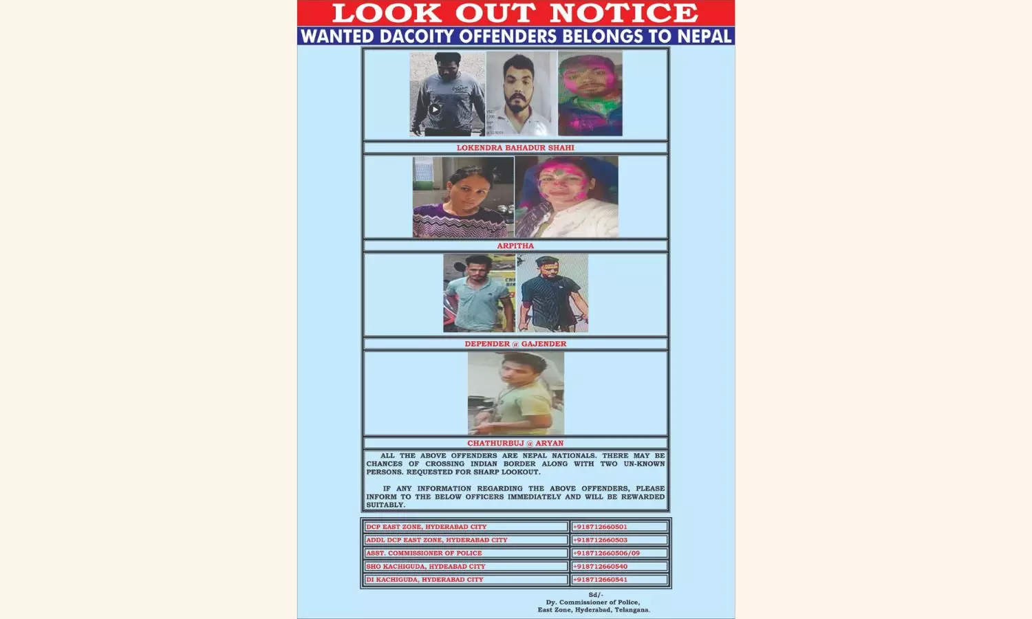 Hyderabad Police Issues Lookout Notice Against 4 Wanted Dacoits From Nepal
