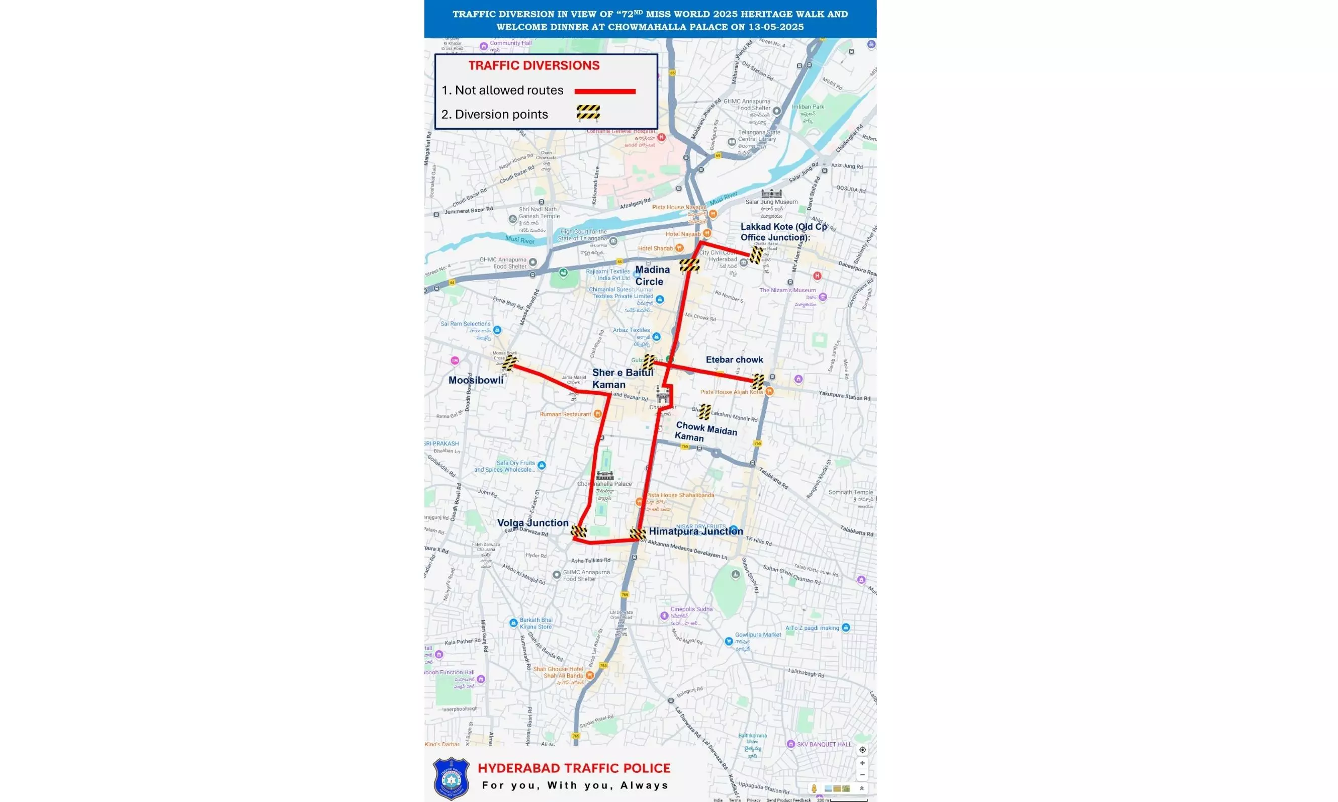 Traffic Diversions in Old City for Miss World Heritage Walk, Dinner