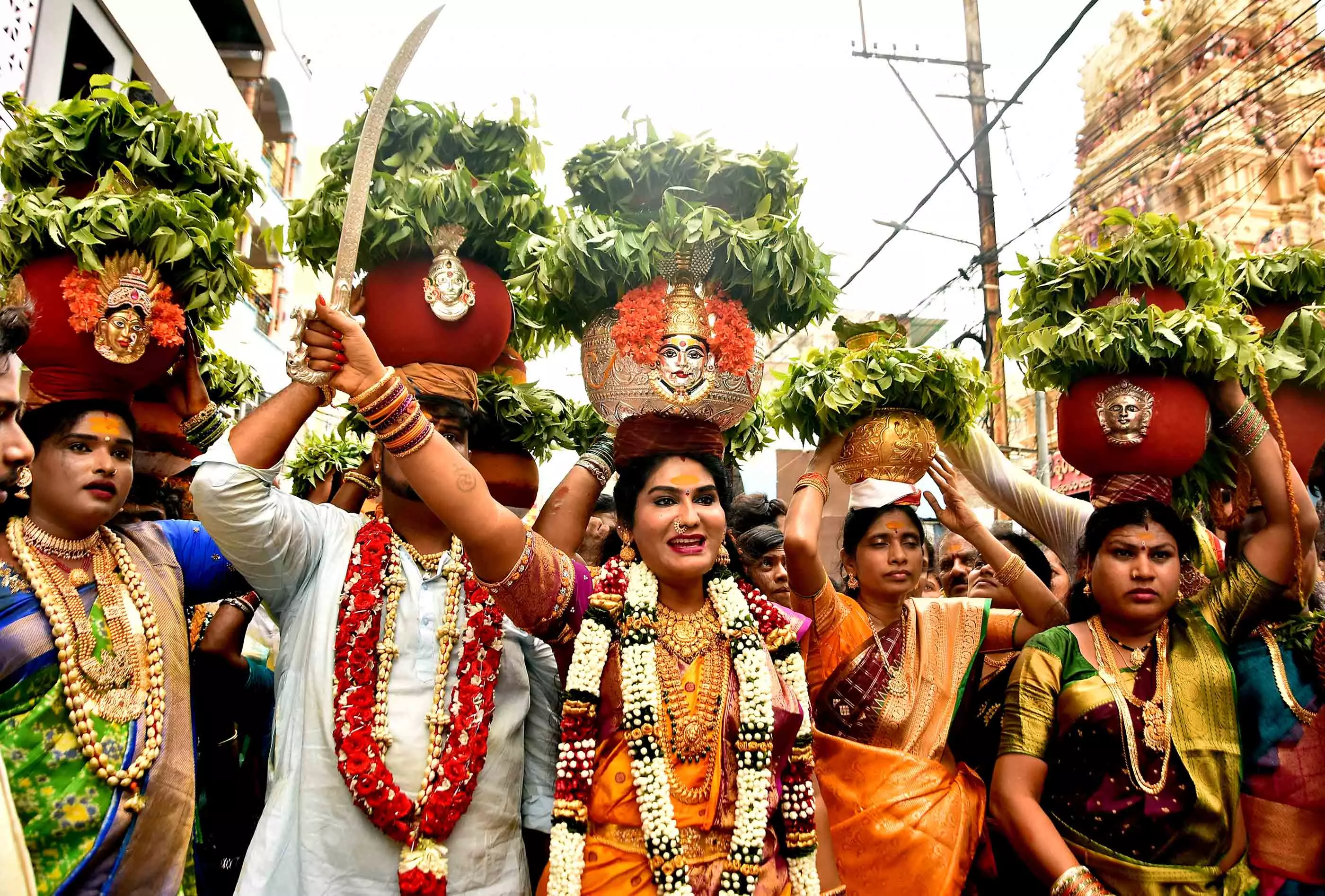 Bangaru Bonalu from Telangana offered to deity of Indrakeeladri Bangaru Bonalu from Telangana offered to deity of Indrakeeladri
