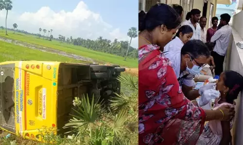 School Bus Crashes into Fields in Eluru After Steering Rod Breaks