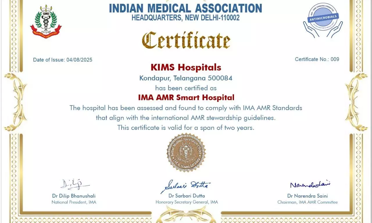 KIMS Hospitals Kondapur, Awarded IMAs AMR Smart Hospital Certification
