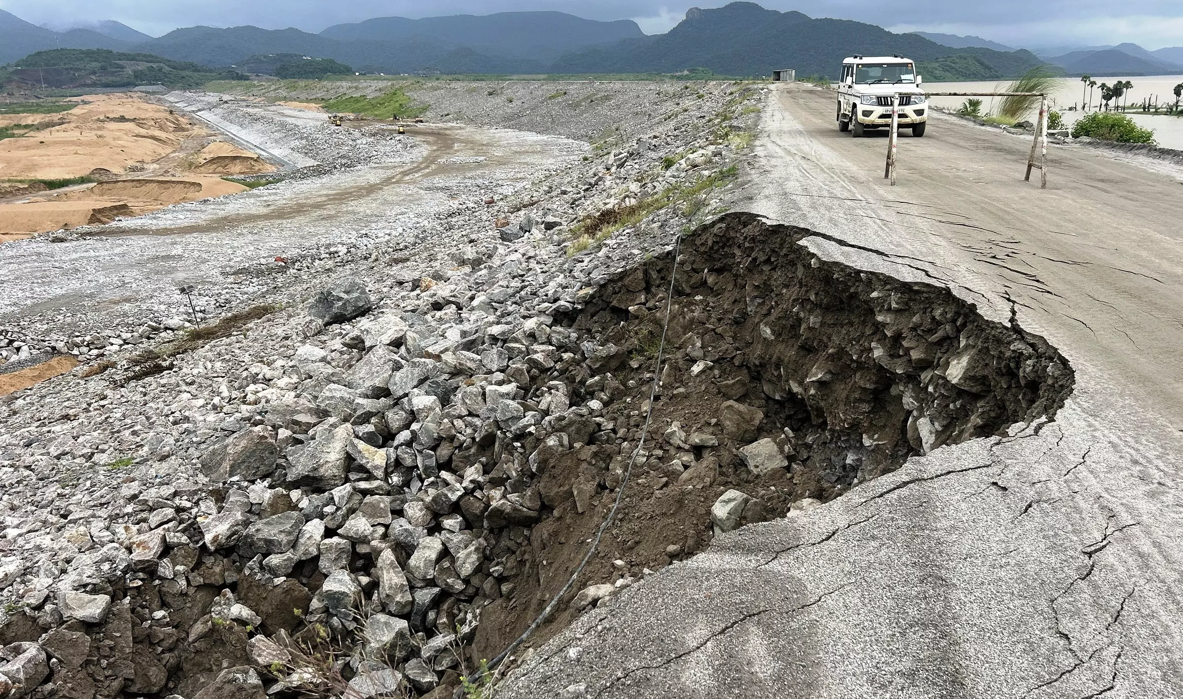 Mud Caves In at Polavarams Upper Coffer Dam After Heavy Rain