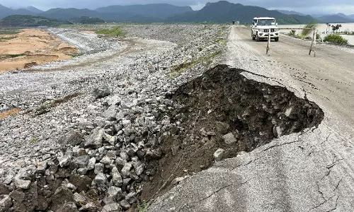 Mud Caves In at Polavarams Upper Coffer Dam After Heavy Rain