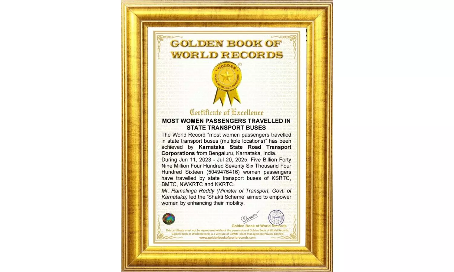 Shakti Scheme Enters Golden Book Of World Records for 500 Crore Rides
