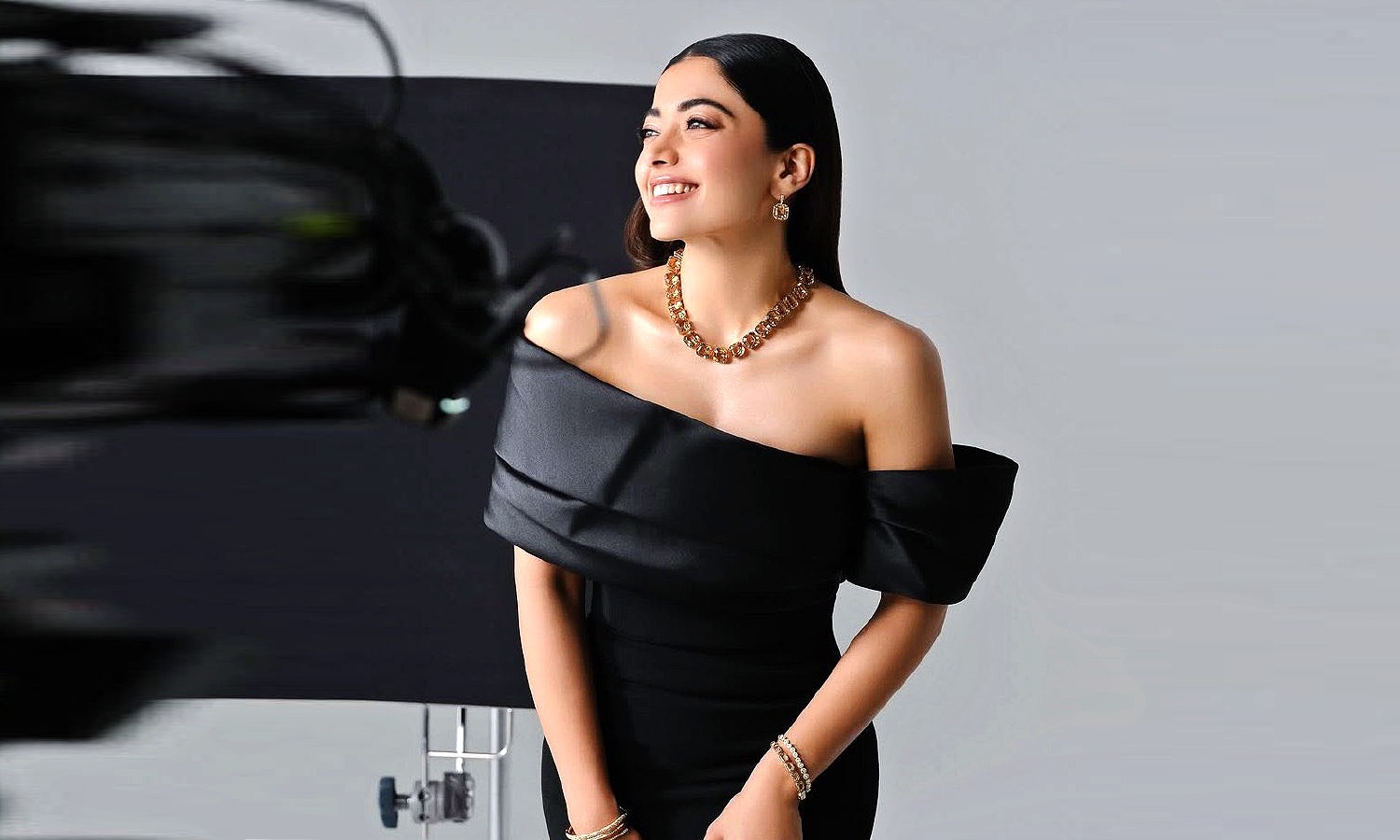 Rashmika Mandanna in Black Dress, Gold Jewelry