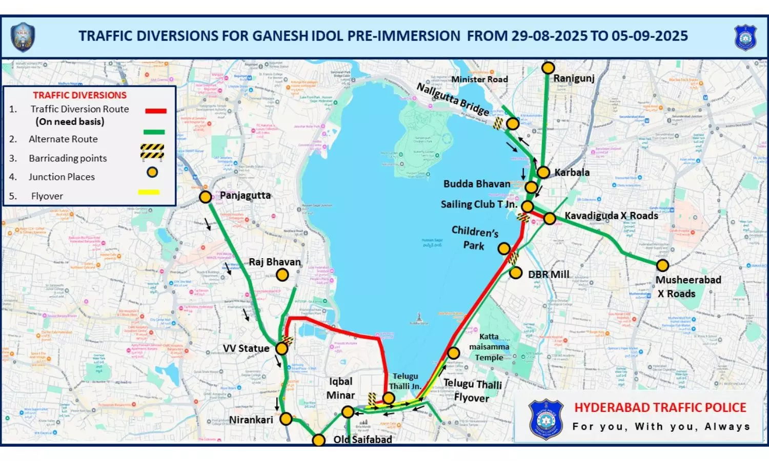 Hyderabad Police Imposes Traffic Restrictions for Ganesh Idols Immersion on Tank Bund Hyderabad Police Imposes Traffic Restrictions for Ganesh Idols Immersion on Tank Bund