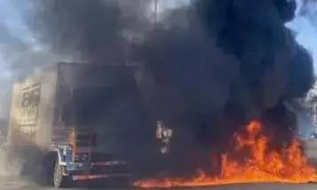 Lorry Catches Fire in Nizamabad