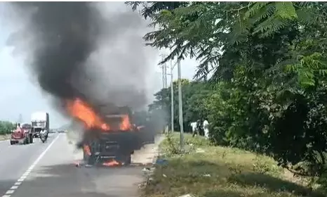 Bolero Vehicle Catches Fire in Choutuppal