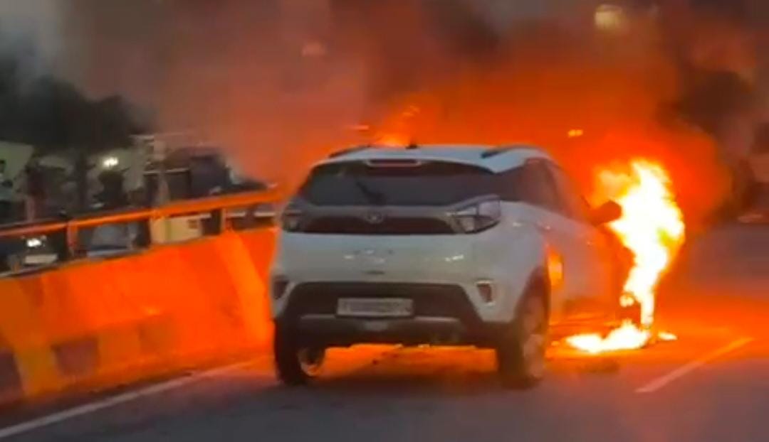 Car Catches Fire on Gachibowli Flyover, Hyderabad