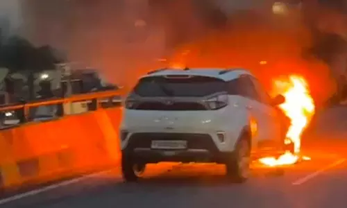 Car Catches Fire on Gachibowli Flyover
