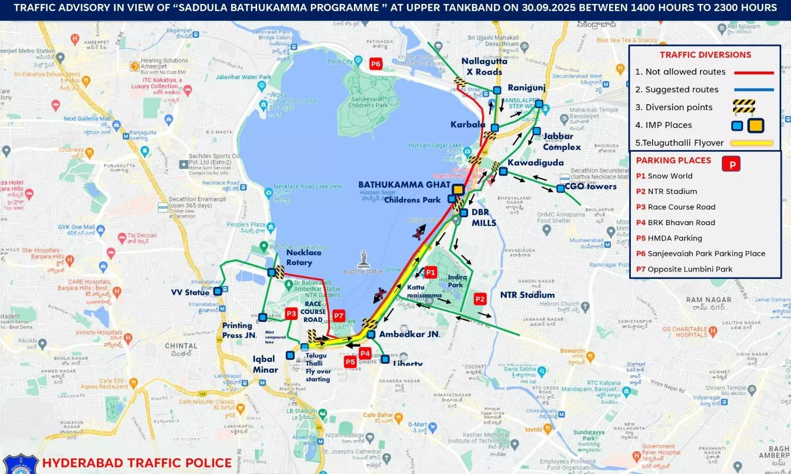 Traffic Advisory For `Saddula Bathukamma` Celebrations