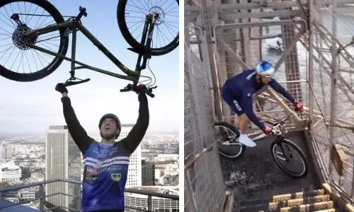 French Cyclist Aurelien Fontenoy Sets World Record Climbing Eiffel Tower on Bike