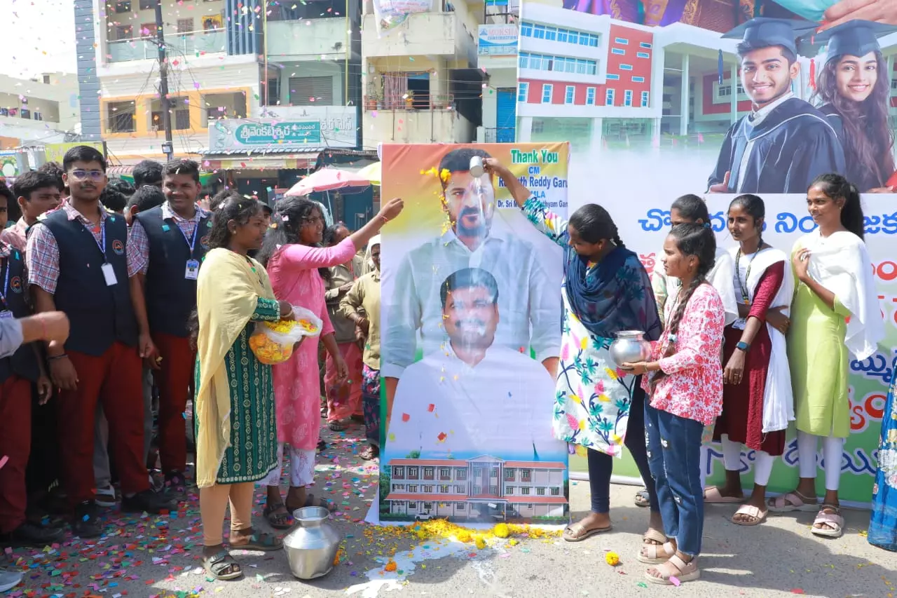 Students Thank CM Revanth, MLA for New Degree College With Milk Bath
