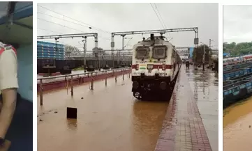 Railway Tracks, Platforms Covered With Floodwater Due To Cyclone Montha