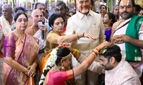 CM Chandrababu and Bhuvaneshwari Bless Newlyweds Nara Rohith and Sireesha