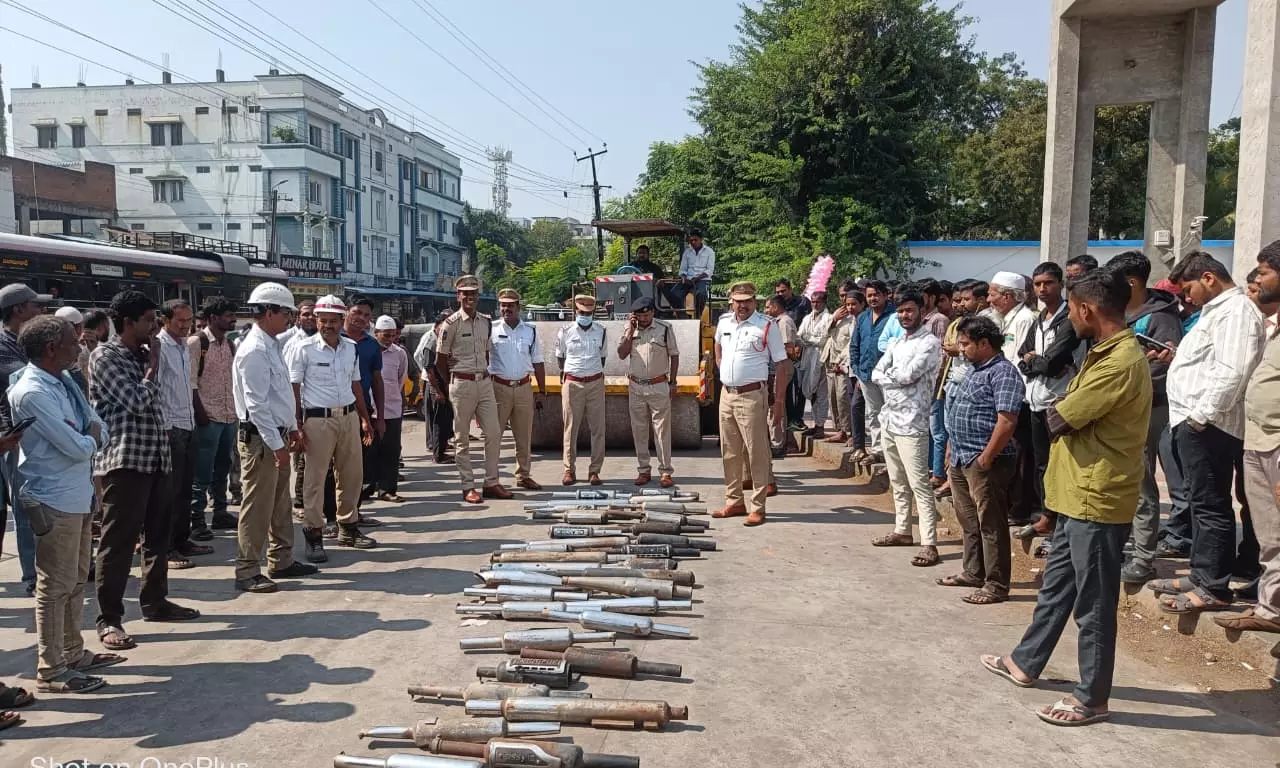 Traffic Police Crush 350 Modified Bike Silencers in Nizamabad