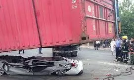 Five Killed As Car Gets Crushed Between 2 Container Trucks Engulfed In Flames In Pune