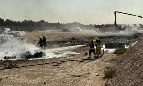 Dubai Emergency Teams Spring To Work At IAF Tejas Crash Site Dubai Emergency Teams Spring To Work At IAF Tejas Crash Site