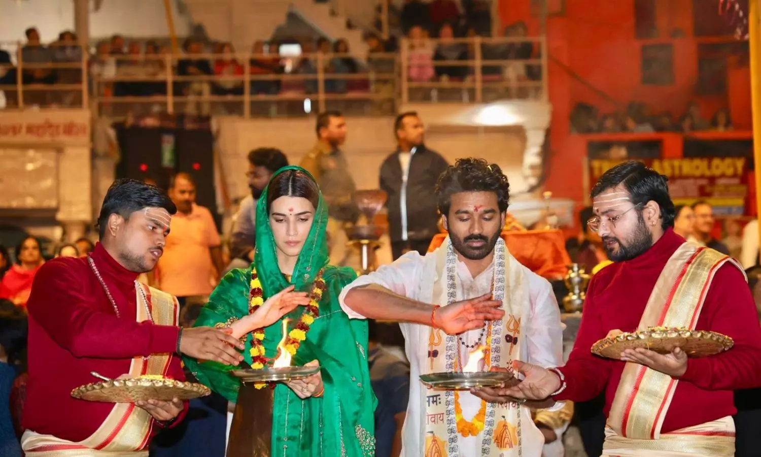 Kriti Sanon, Dhanush Perform Ganga Aarti in Varanasi Ahead of Tere Ishk Mein