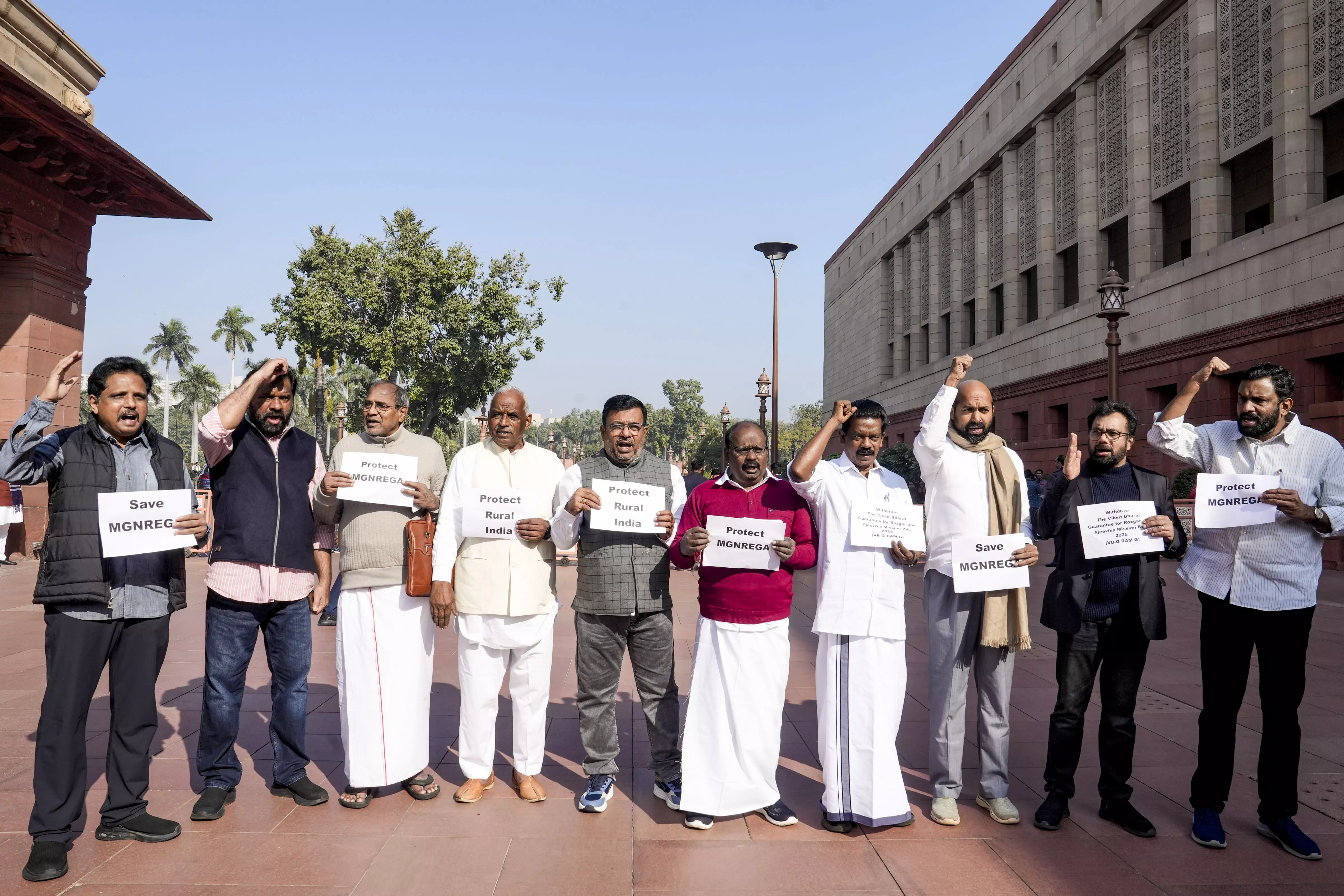 Insult to Bapu: Opposition MPs Protest Against VB- G RAM G Bill Insult to Bapu: Opposition MPs Protest Against VB- G RAM G Bill