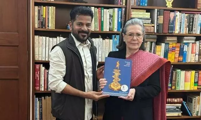 Revanth Presents Telangana Rising 2047 Vision Document to Sonia Gandhi Revanth Presents Telangana Rising 2047 Vision Document to Sonia Gandhi