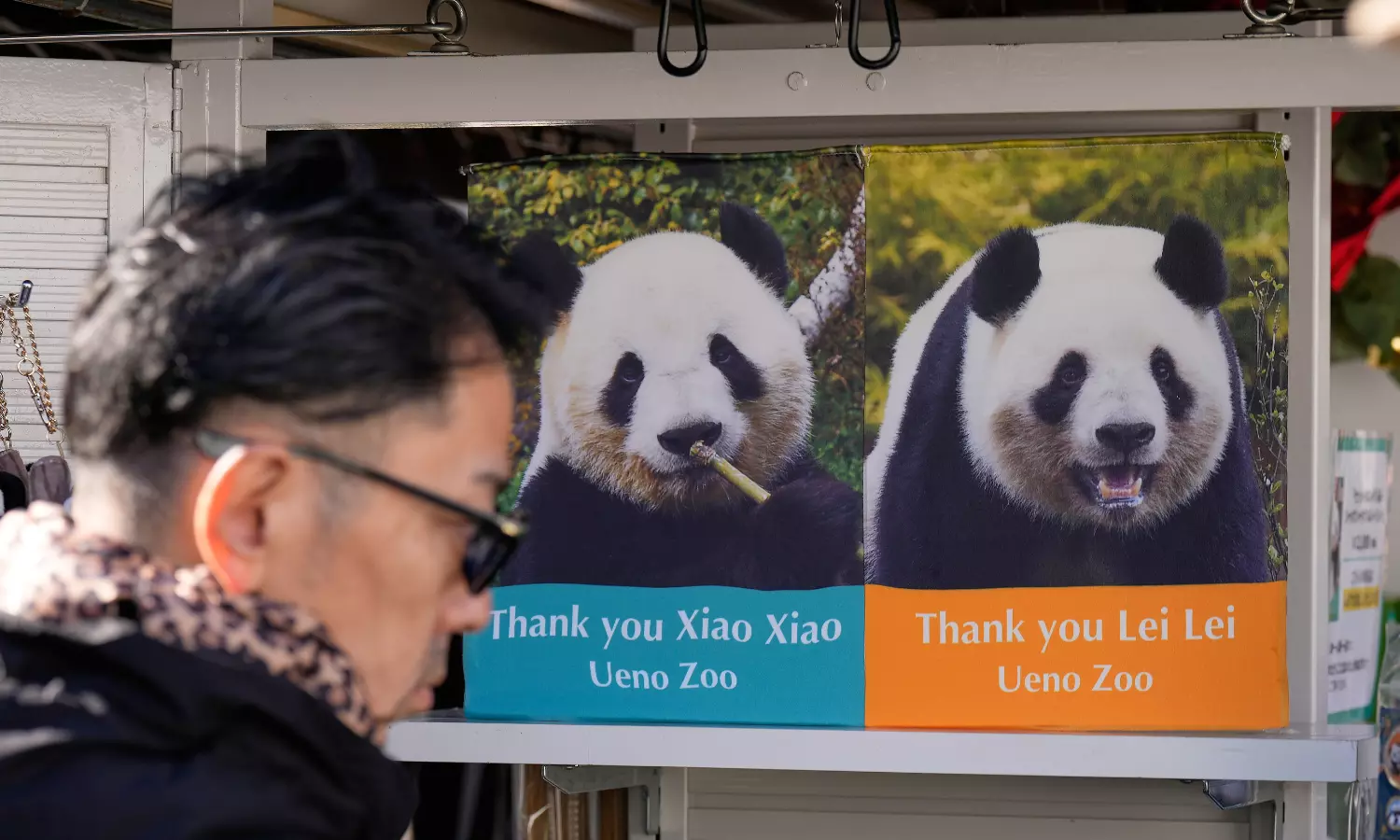 Pictures of giant pandas Xiao Xiao and Lei Lei are posted at Ueno Zoo in Tokyo, Tuesday, Dec. 16, 2025, a day after Japan announced the pandas will be returned to China in January 2026. (AP Photo/Eugene Hoshiko)