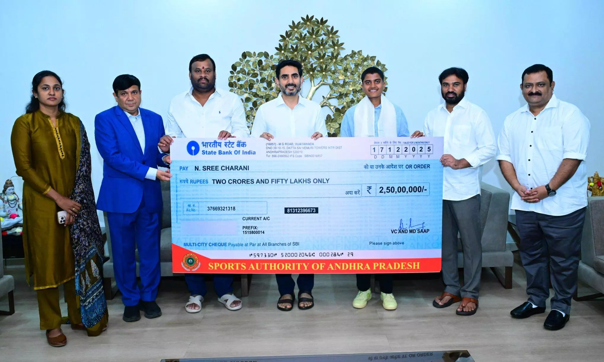 AP Government Presents Rs.2.5 Crore Cash Reward to Cricketer Sree Charani AP Government Presents Rs.2.5 Crore Cash Reward to Cricketer Sree Charani
