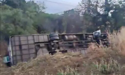 Hyderabad-Bound Private Bus Overturns on NH-65 in Sangareddy