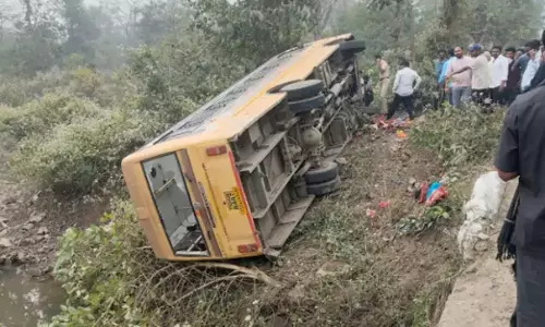 Several Injured as College Bus Overturns in  Bhadradri Kothagudem